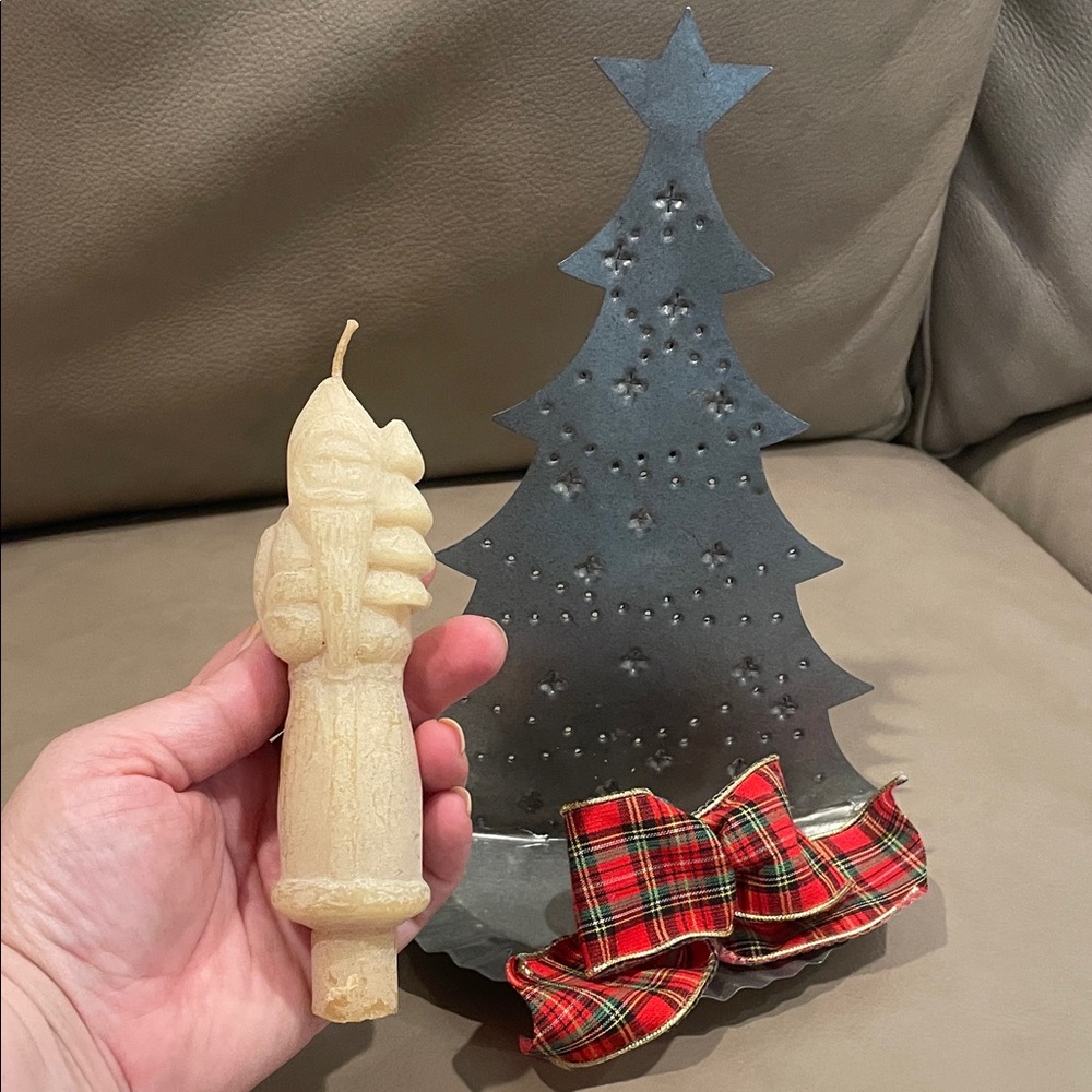Primitive hammered metal tin tree candle holder with Cream Santa Candle NEW